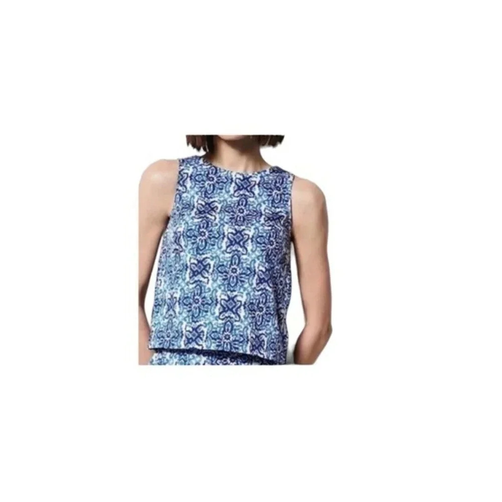 Milly Womens Stretch Floral Print Crew‎ Neck Sleeveless Tank Top Blue Medium